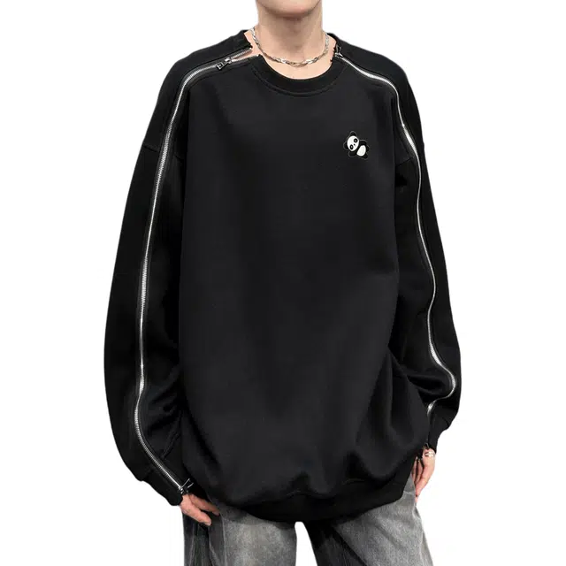 【拉链拼接小众设计】布客行 慵懒高街嘻哈重磅复古简约个性创意高级感内搭线条纯色圆领时尚百搭韩版宽松舒适大码长袖上衣卫衣 男女同款