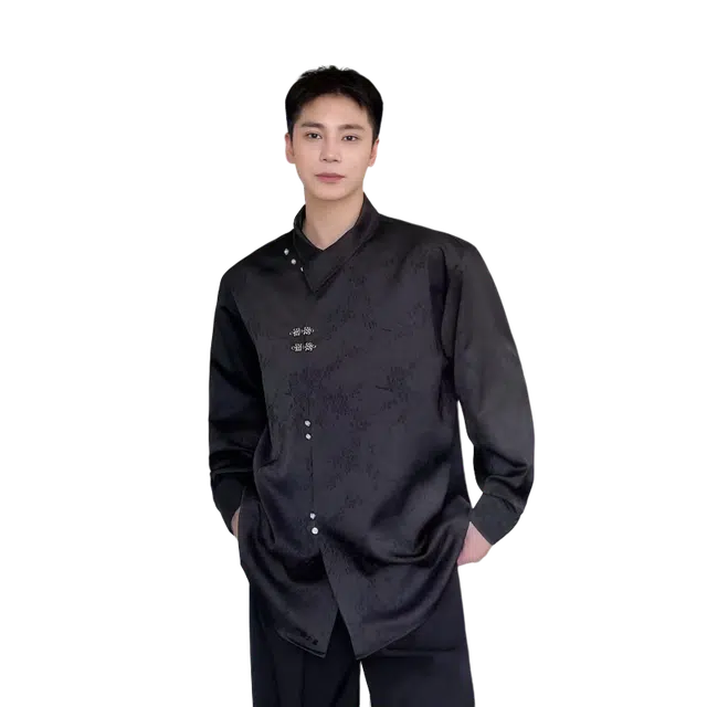 一碗士多 新中式缎面不规则盘扣暗纹唐装立领国风复古改良汉服搭配马面裙道袍中山装飞机袖日常百搭休闲宽松舒适衬衫 男女同款