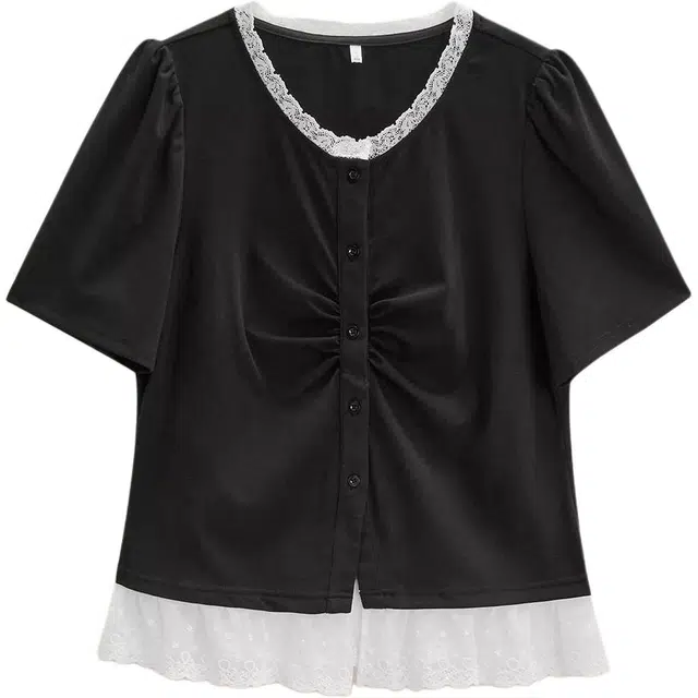 爱依服 法式甜美纯色通勤风休闲短袖衬衫 女款