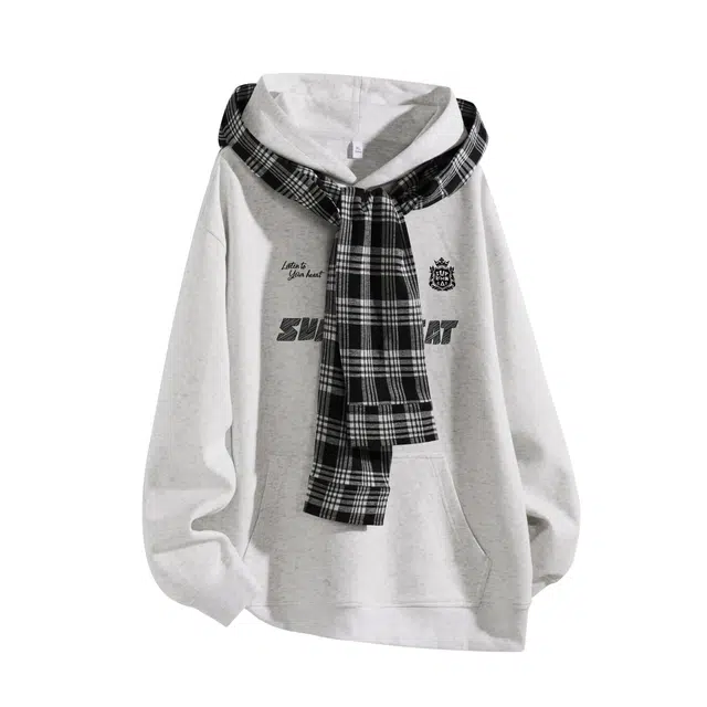 吾皇猫 韩版复古潮牌格子拼接披肩连帽高级感设计宽松百搭时尚休闲日常通勤长袖卫衣 男女同款