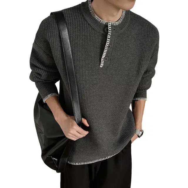 北欧攻略 秋冬美式老钱风亨利领三粒扣毛衣套头外套慵懒风氛围感宽松小众设计感外穿内搭长袖针织衫 男女同款