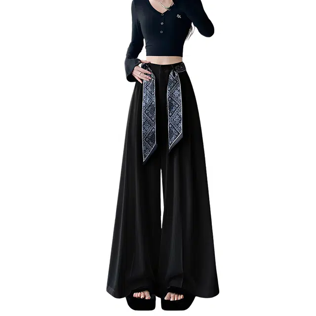 荟萃阁 老钱风可拆丝巾阔腿裤女高腰显瘦西装拖地裤休闲裤 女款