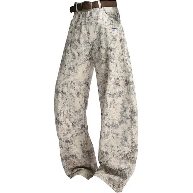 吾皇猫 美式高街系列潮流泼墨晕染设计时尚痞帅宽松直筒显高舒适日常牛仔裤 男女同款