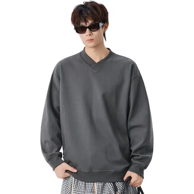 米素力 慵懒风落肩重磅纯色潮套头卫衣 男女同款