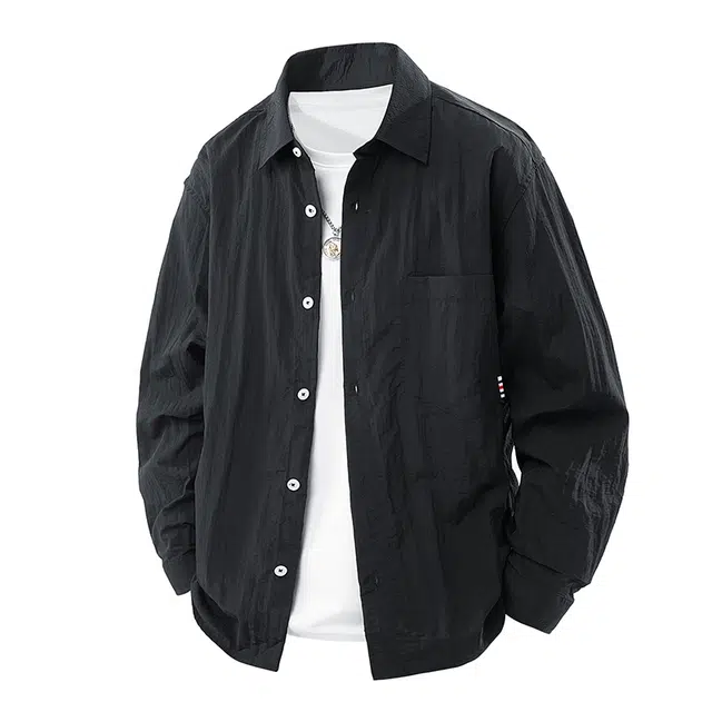 协协乐 山系工装户外美式休闲冰丝宽松长袖衬衣防晒防风外套拼接小口袋设计纯色小众款衬衫 男款