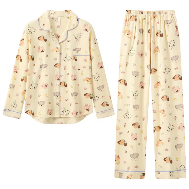 宫蝶 卡通纯棉长袖家居服开衫休闲可外穿宽松睡衣套装 女款