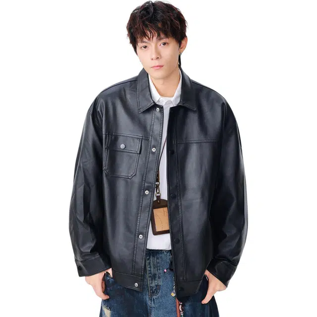 米素力 棕色高街痞帅纯色长袖翻领宽松型仿皮皮衣夹克 男女同款