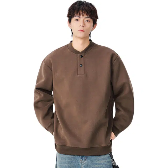 米素力 复古休闲亨利领落肩袖潮套头卫衣 男女同款