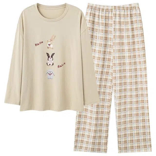 俏霓桐 春秋款简约格子亲肤舒适纯棉可爱卡通小兔子甜美休闲长袖长裤家居服可外穿睡衣套装 女款