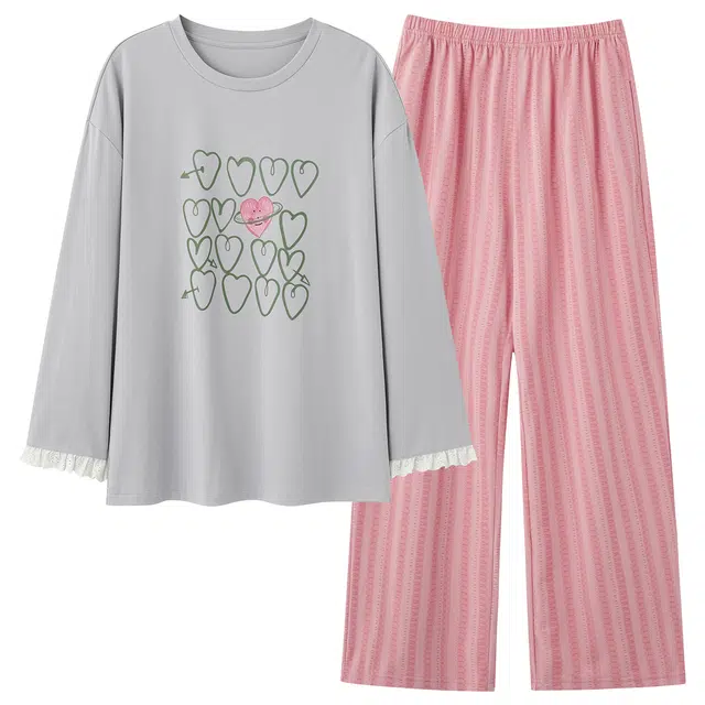 俏霓桐 春秋款甜美蕾丝亲肤舒适纯棉可爱爱心休闲条纹长袖长裤家居服可外穿睡衣套装 女款