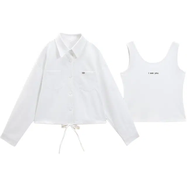 爱依服 韩版通勤百搭长袖上衣吊带内搭休闲套装 女款