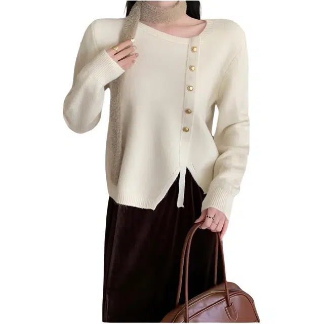 荟萃阁 甜美不规则设计百搭韩版单排金属扣套头长袖打底上衣外穿针织衫 女款