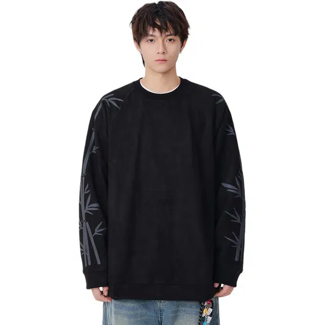 米素力 印花宽松长袖落肩袖潮套头卫衣 男女同款