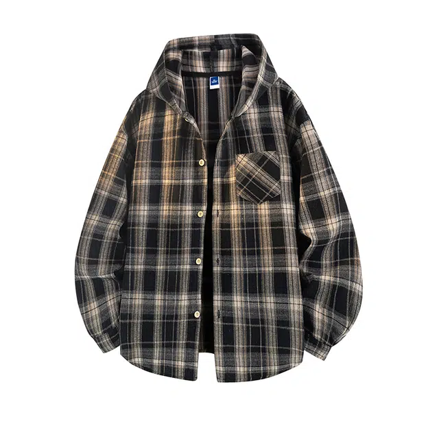 棉基因 美式复古时尚简约拼接撞色格子学院风宽松休闲落肩百搭舒适亲肤透气单排扣开衫衬衫 男女同款