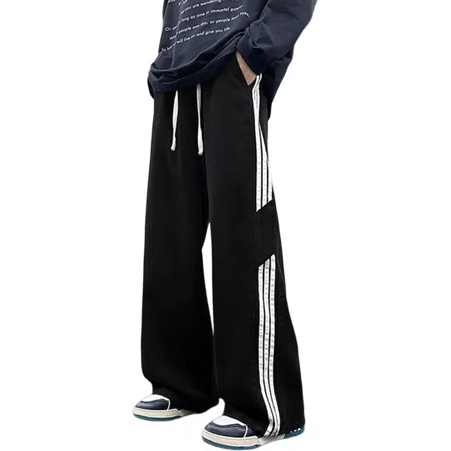 徐百货 春秋款美式高街宽松休闲裤痞帅条纹拼接复古百搭高级感裤子牛仔裤 男女同款