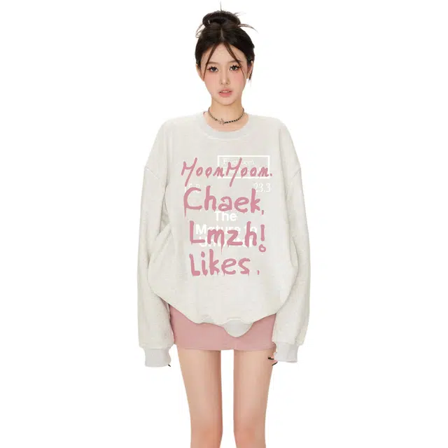 苏九儿 韩系慵懒圆领无帽宽松薄款中长款长袖卫衣 女款