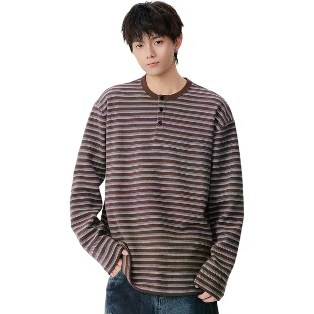 米素力 宽松日系圆领条纹落肩袖长袖潮套头卫衣 男女同款