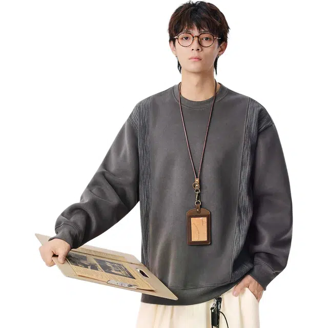 米素力 拼接圆领美式落肩袖潮套头卫衣 男女同款