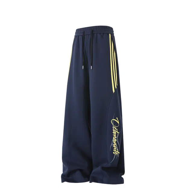 海底小纵队 美式复古高街潮牌百搭直筒休闲裤时尚潮流显瘦显高垂感有型日常通勤弯刀结构感条纹设计卫裤阔腿柔软针织运动裤 男女同款