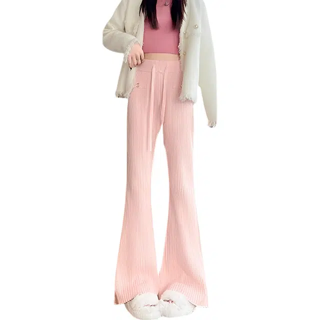 荟萃阁 显瘦百搭抽绳纽扣针织微喇裤高腰慵懒风阔腿裤休闲裤 女款