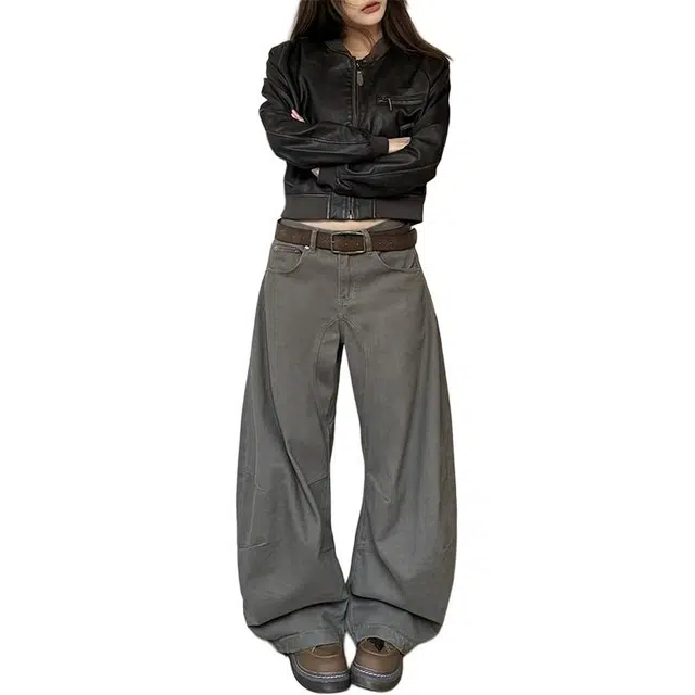 木清清 美拉德 廓形 阔腿 弯刀  春秋 男女 美式 复古 褶皱 百搭 宽松 裤子 牛仔裤 女款