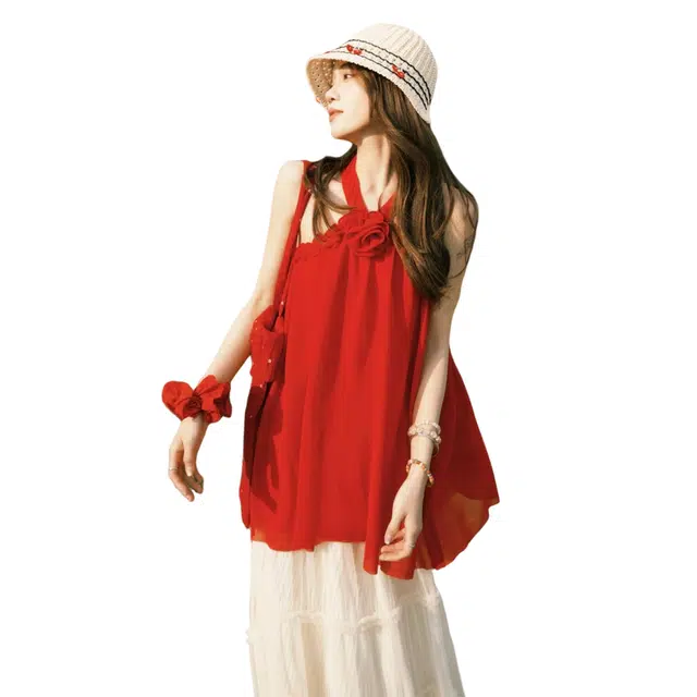 缪斯的诱惑 云南旅游穿搭立体花朵挂脖背心衬衫女夏季气质上衣吊带 女款