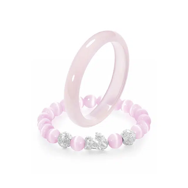 【初恋】芙蓉粉 貔貅招财叠戴轻奢时尚小众高级感显白粉恋爱告白一步一响平安吉祥 岁月静好 #好运 玻璃猫眼 手镯 男女同款情侣款