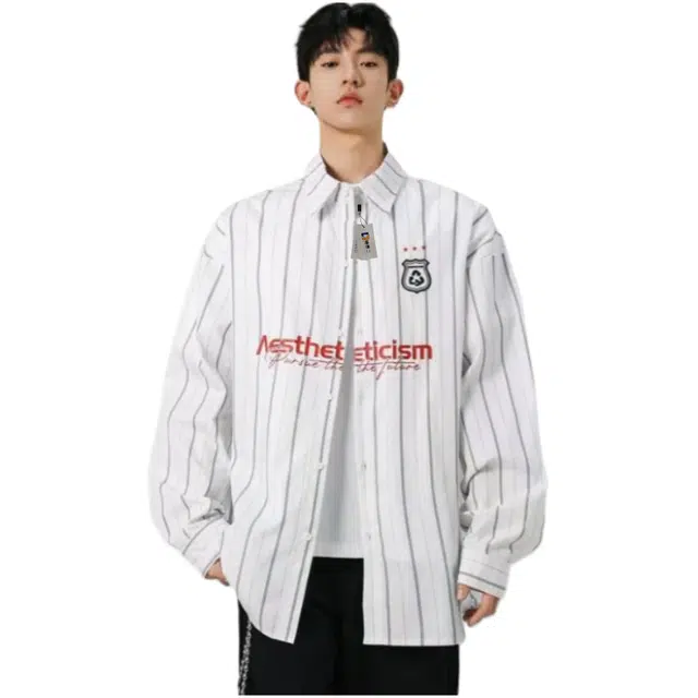 地界二 潮牌美式字母印花条纹长袖秋季宽松情侣外穿衬衣衬衫 男款