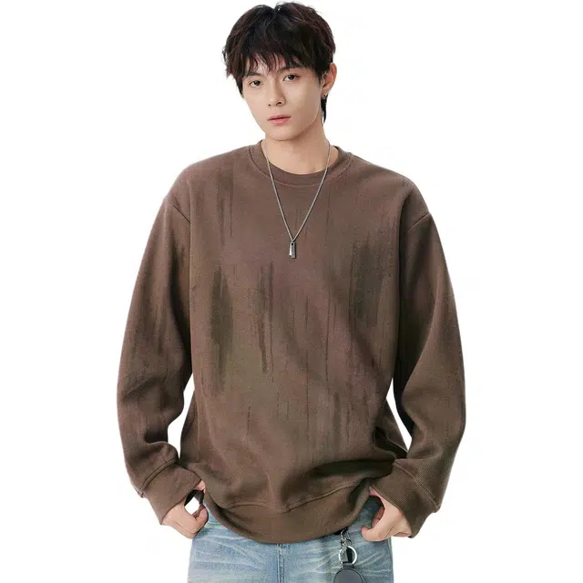 米素力 复古条纹圆领几何落肩袖潮套头卫衣 男女同款