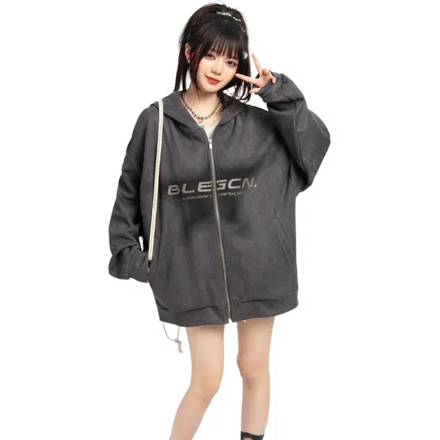 邓大喵 连帽薄款宽松潮流通勤长袖卫衣 女款