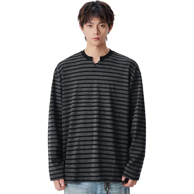 米素力 黑白条纹长袖休闲落肩袖潮套头卫衣 男女同款