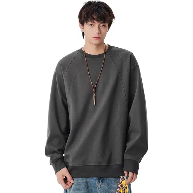 米素力 宽松纯色长袖拼色落肩袖潮套头卫衣 男女同款