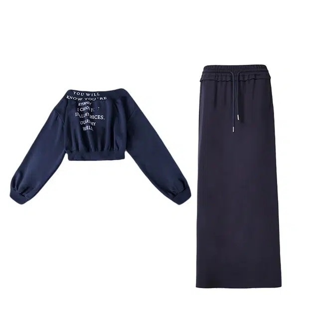 拾籍 设计感韩版一字肩宽松显瘦字母印花卫衣时尚高腰抽绳半身裙运动休闲套装 女款