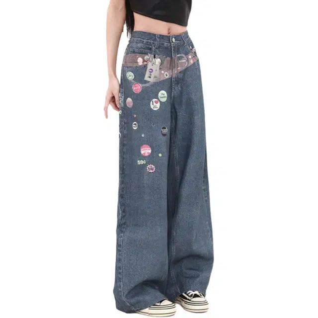 识恩 美式复古腰带印花设计感宽松直筒阔腿拖地长裤子牛仔裤 女款