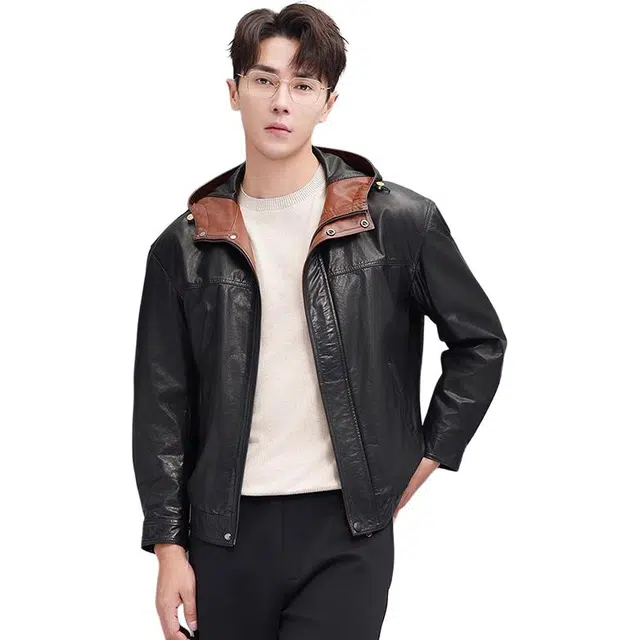 比利斯山羊 时尚简约连帽油蜡牛皮真皮皮衣 男女同款