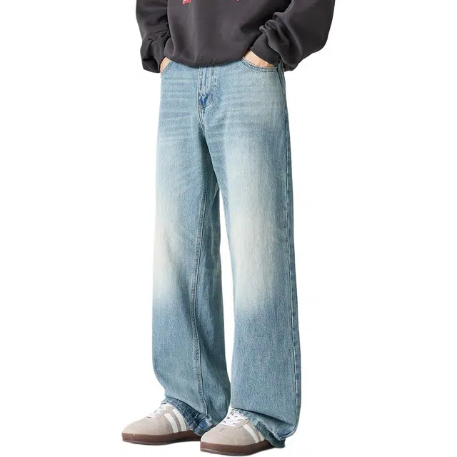 米素力 水洗竹节纹阔腿渐变直筒潮流中腰牛仔裤 男女同款