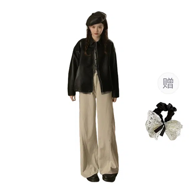 涂诗菲 高级感简约百搭拼接格子翻领皮衣休闲上衣外套夹克 女款