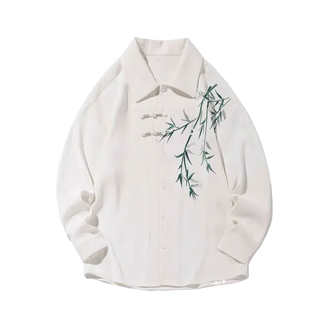 一碗士多 纯色刺绣竹子斜襟盘扣汉服唐装道袍新国风中式复古腔调小众设计个性百搭国潮长袖松弛感日常休闲舒适宽松衬衫 男女同款