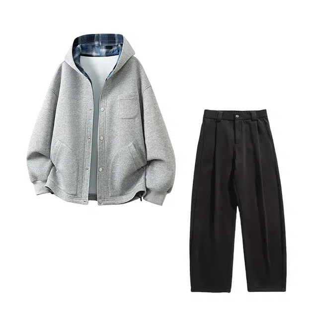 素杭 学院风简约重磅格子连帽开衫外套潮流宽松基础色弯刀直筒卫裤两件套休闲帅气穿搭一整套卫衣套装 男女同款