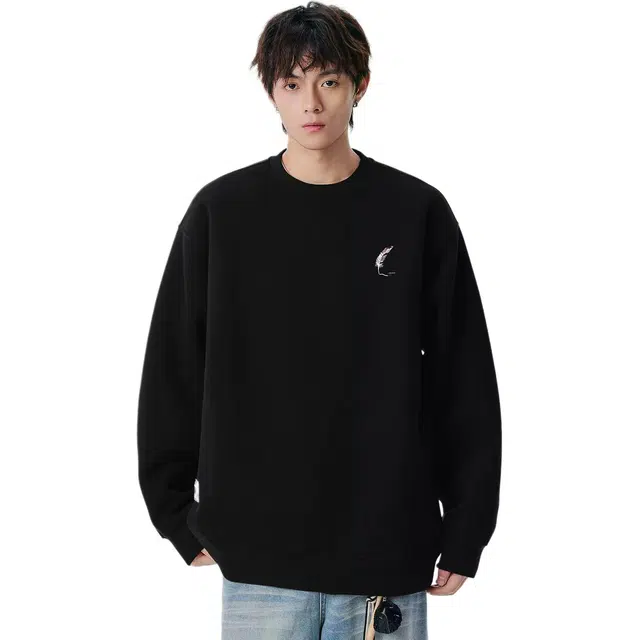 米素力 纯色重磅长袖刺绣落肩袖潮套头卫衣 男女同款