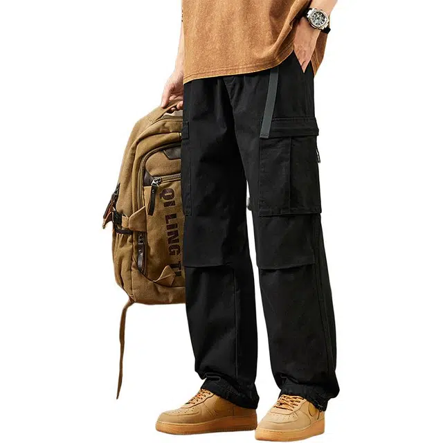 协协乐 高街机能风纯棉纯色春秋季美式复古潮牌宽松直筒阔腿拖地裤青少年痞帅百搭运动休闲长裤工装裤 男款