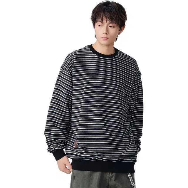 米素力 重磅条纹圆领复古刺绣落肩袖潮套头卫衣 男女同款