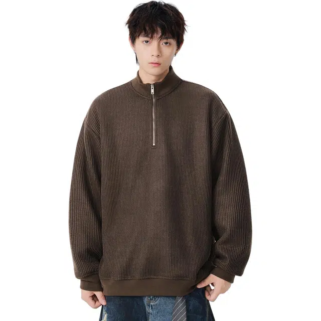 米素力 简约风半拉链立领落肩袖潮套头卫衣 男女同款