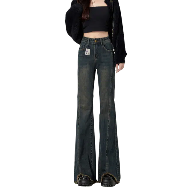 识恩 水泥灰复古美式微喇叭女显瘦马蹄拖地裤牛仔裤 女款