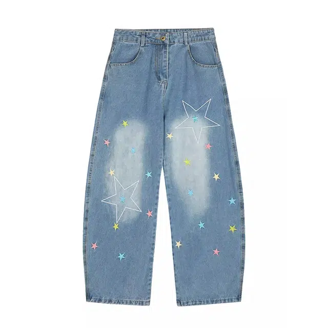 么宁 美式复古星星刺绣宽松阔腿水洗做旧廓形弯刀裤牛仔裤 女款