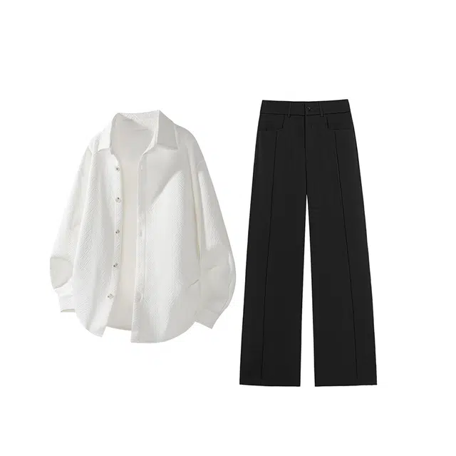 素杭 简约纯色几何纹理翻领长袖衬衣外套潮流宽松垂感西裤两件套时尚一整套搭配衬衫套装 男女同款