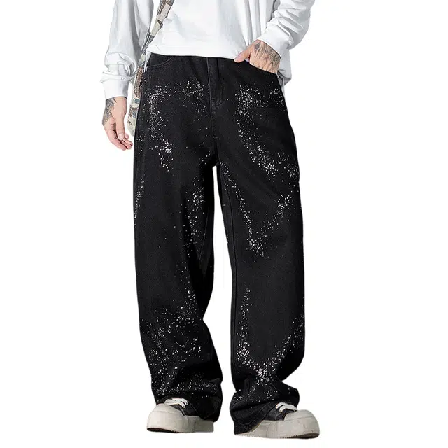 特斯型 个性油漆泼点满天星设计长裤男潮牌宽松直筒阔腿牛仔裤 男款