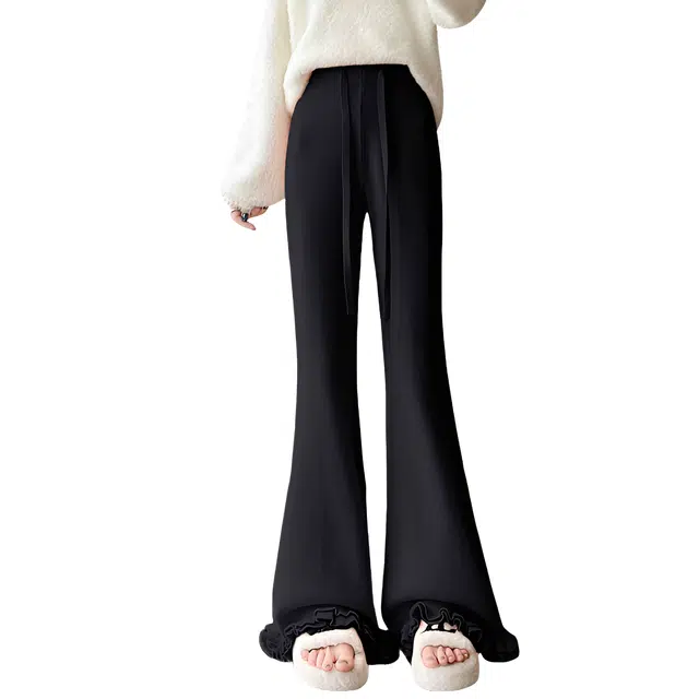 荟萃阁 百搭木耳花边针织微喇裤松紧腰高腰显瘦拖地喇叭裤休闲裤 女款