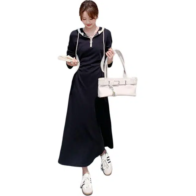 稻草人 韩版学院风连帽卫衣长裙收腰休闲显瘦气质女裙长袖连衣裙 女款