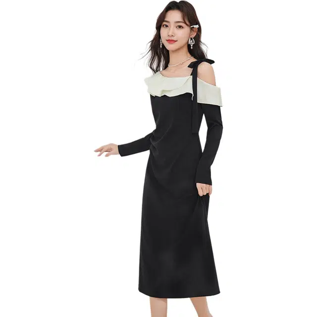 爱依服 法式名媛淑女气质设计感常规袖修身型精致风长袖连衣裙 女款